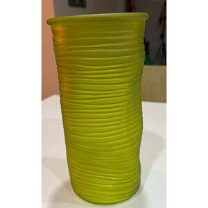Matte green satin glass vase featuring a distinctive wavy, ribbed horizontal pat